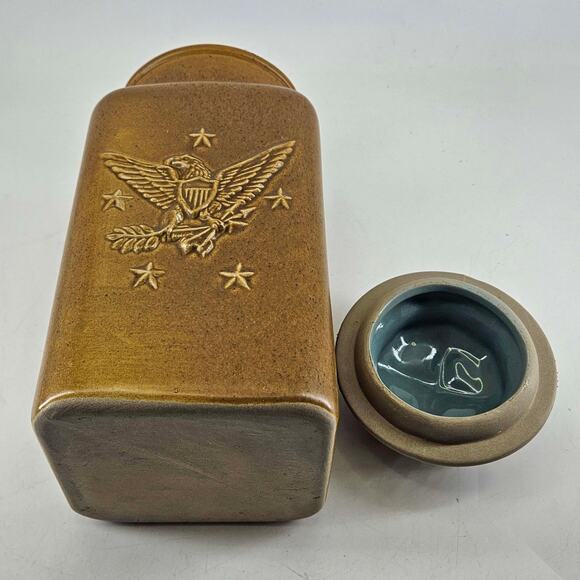 Vintage bicentennial eagle pottery stoneware canister jar w lid brown blue glaze - Picture 4 of 4